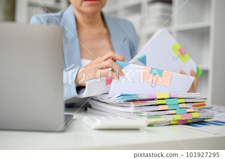Professional middle aged businesswoman working with document 101927295