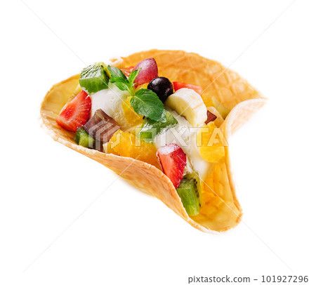 Vanilla ice cream in waffle basket isolated on white 101927296