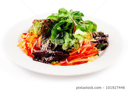 Slice fresh vegetables on the white plate 101927446