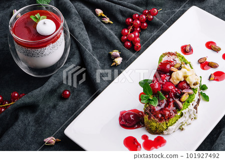 chia pudding and matcha roll desserts chia pudding and matcha roll desserts 101927492
