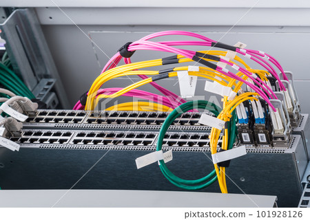fiber optic cables connected to optic ports, network cables connected to ethernet ports 101928126