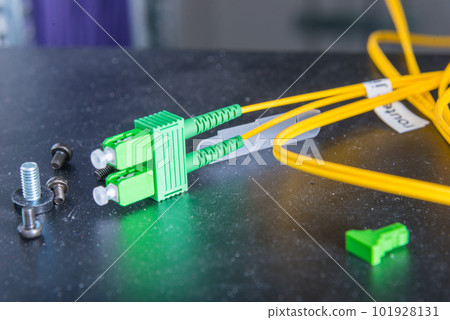 Fiber Optic cables connected to an optic ports - data switch in internet data center Fiber Optic cables connected to an optic ports - data switch in internet data center 101928131
