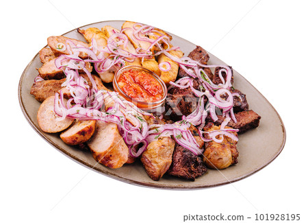 Homemade barbecue platter with ribs chicken brisket and pork Homemade barbecue platter with ribs chicken brisket and pork 101928195