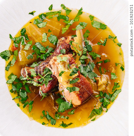 Soup of sauerkraut, meat stock in the dish 101928251