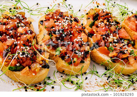 italian appetizing bruschetta with tomato on plate italian appetizing bruschetta with tomato on plate 101928293