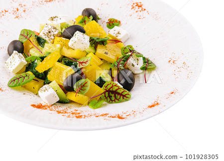 Greek salad with feta cheese, olives and vegetables Greek salad with feta cheese, olives and vegetables 101928305