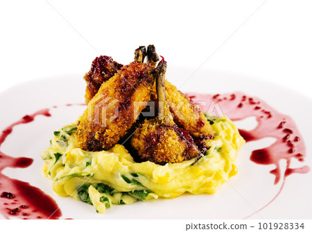 breaded duck with mashed potatoes on plate 101928334