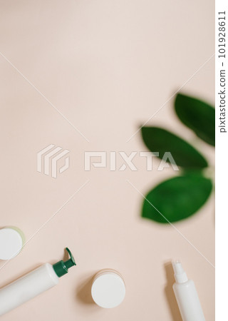 Concept of natural cosmetics. Organic cosmetics in bottles and jars. Top view, lay flat. Mockup of the corporate identity of the cosmetic SPA Concept of natural cosmetics. Organic cosmetics in bottles and jars. Top view, lay flat. Mockup of the corporate identity of the cosmetic SPA 101928611
