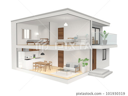 Cross-section CG perspective of a two-story house seen from an angle 101930319