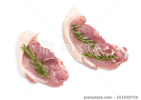 Pork meat with rosemary on white background. 101930759
