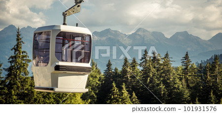 gondola ski lift in mountain ski resort, green forest 101931576