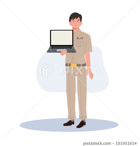 male Thai government officers in uniform. Thai man teacher holding,showing laptop. Flat Vector illustration male Thai government officers in uniform. Thai man teacher holding,showing laptop. Flat Vector illustration 101931614