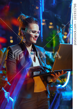 smiling stylish business woman in metaverse 101931798