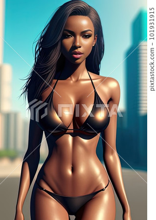Beautiful sexy brown skin woman model in a black bikini walking on the street. Generative AI 101931915