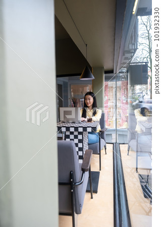 Calm concentrated freelancer using her laptop in a cafe 101932330