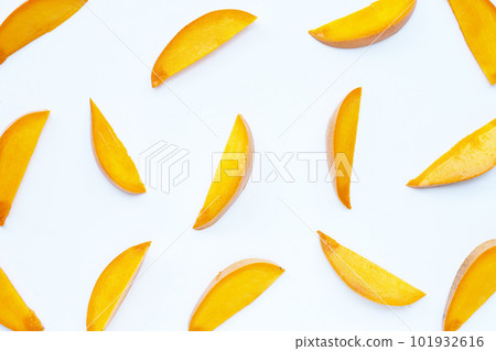 Tropical fruit, Mango slices on white background. Top view 101932616