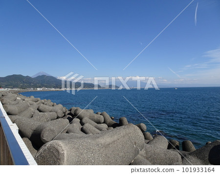 從東名高速公路出境線靜岡的 Yui 停車場看到的富士山和駿河灣 101933164