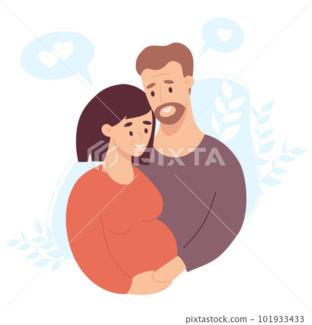 Happy family. Cute adult couple expecting baby. Pregnant woman and husband. Vector illustration. Future parents, pregnancy motherhood, parenthood concept. Happy family. Cute adult couple expecting baby. Pregnant woman and husband. Vector illustration. Future parents, pregnancy motherhood, parenthood concept. 101933433