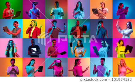 Collage of large group of ethnically diverse people, men and women using different gadgets on multicolored background in neon light. Modern technologies 101934183