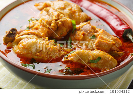 Chicken curry with roasted onion and coconut closeup on the bowl. Horizontal 101934312