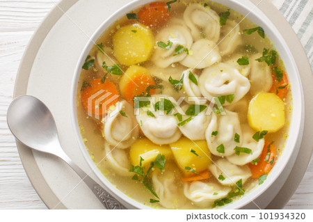 Delicious dumplings soup with carrots, onions, potatoes and chicken broth close-up in a plate. Horizontal top view 101934320