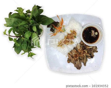Top view of Vietnamese Grilled Pork with Vermicelli, focus selective Top view of Vietnamese Grilled Pork with Vermicelli, focus selective 101934352