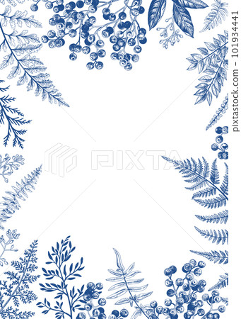 Vintage card with fern leaves and berries. Blue. Wedding invitation. Engraving style. Botanical illustration. Vintage card with fern leaves and berries. Blue. Wedding invitation. Engraving style. Botanical illustration. 101934441