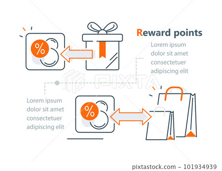 Reward points, earn gift, loyalty concept, incentive program, redeem gift, present box, collect bonus, shopping bags Reward points, earn gift, loyalty concept, incentive program, redeem gift, present box, collect bonus, shopping bags 101934939