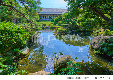 從東京都葛飾區柴又7丁目帝釋天(大教寺)大迴廊看庭園(水溪園)和大接待廳的景色 從東京都葛飾區柴又7丁目帝釋天(大教寺)大迴廊看庭園(水溪園)和大接待廳的景色 101935425