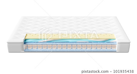 3d layered sheet material mattress with air fabric, pocket springs, natural latex, memory foam isolated. 3d render illustration 3d layered sheet material mattress with air fabric, pocket springs, natural latex, memory foam isolated. 3d render illustration 101935438