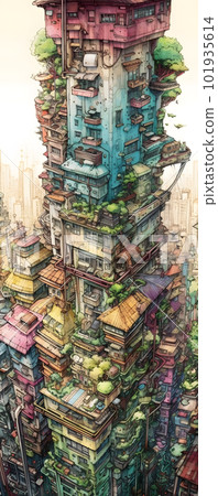 A messy skyscraper that seems to appear in a picture book "AI generated image" 101935614