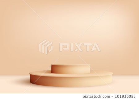 Beige cylindrical podium in the studio room. 3d render with a podium to showcase or promote a product. Stage showcase on a beige studio pedestal. Beige cylindrical podium in the studio room. 3d render with a podium to showcase or promote a product. Stage showcase on a beige studio pedestal. 101936085