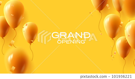 Grand opening banner with 3d yellow ballons and confetti framing the composition with grand opening text 101936221