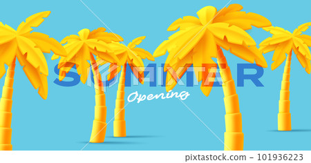 3D modern poster with render yellow palm trees on boue backdrop with text, trendy modern graphics 101936223