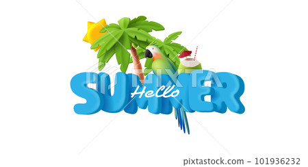 Hello summer 3d render composition with big typography and palm trees with coconut cocktail and budgie with sun Hello summer 3d render composition with big typography and palm trees with coconut cocktail and budgie with sun 101936232