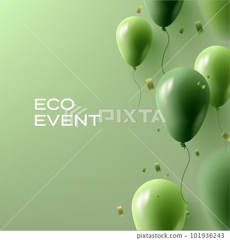 Ecology event flyer or invitation with green background and festive 3d realistic green balloons Ecology event flyer or invitation with green background and festive 3d realistic green balloons 101936243
