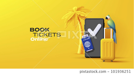 Summer travel 3d composition with yellow suitcase and palm with smartphone and passport with tropical bird, yellow online booking poster 101936251