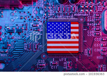 US flag on Computer Chips for Chip War Concept. USA Global chipmakers. Microchip on Motherboard with America world largest chip manufacturer and supply chain concept. 101936363