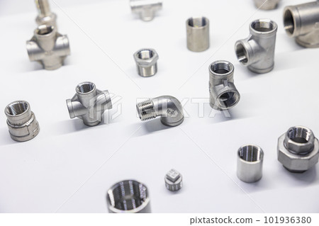 Metal Pipe Fittings or Pipe Connectors Piping and plumbing on white background Metal Pipe Fittings or Pipe Connectors Piping and plumbing on white background 101936380