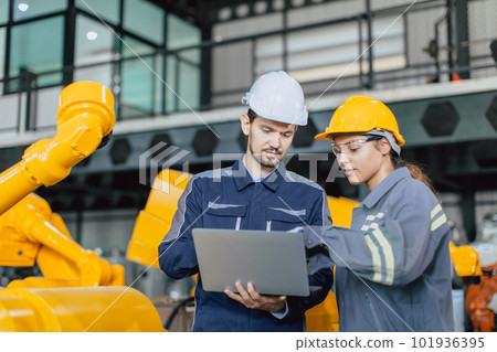 engineer team working together inspection quality robot arm in robot assembly industry plant engineer team working together inspection quality robot arm in robot assembly industry plant 101936395