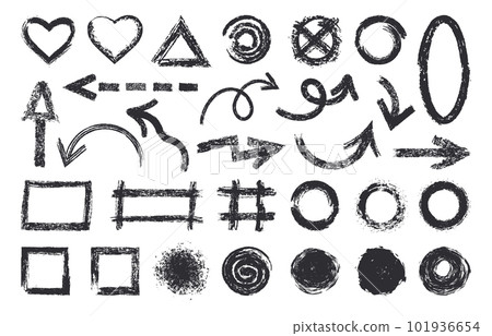 Grunge chalk symbols set. Abstract texture chalk brushes, rough hand drawn shapes. Charcoal brush flat vector symbols illustration collection 101936654