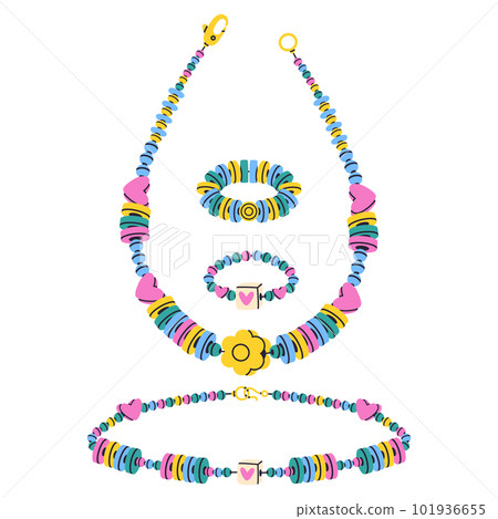 Handcrafted beaded jewelry. Plastic beads friendship bracelet, rings and necklace. Cute old school accessories flat vector illustration set 101936655
