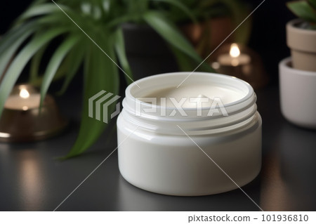 White and blank, unbranded cosmetic cream jar standing on the table at home. Skin care product presentation. Skincare, beauty and spa. Open jar with copy space, moisturizer. Generative AI. 101936810