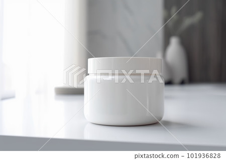 White and blank, unbranded cosmetic cream jar standing on the table at home. Skin care product presentation. Skincare, beauty and spa. Jar with copy space, moisturizer. Generative AI. 101936828