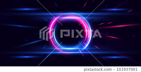 Abstract technology futuristic circles neon glowing blue and pink light lines with speed motion blur effect on dark blue background. Abstract technology futuristic circles neon glowing blue and pink light lines with speed motion blur effect on dark blue background. 101937001