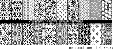 Geometric floral set of seamless patterns. White and black vector backgrounds. Damask graphic ornaments. 101937935