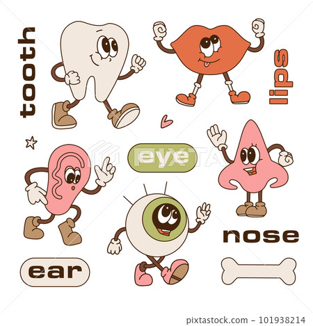 Retro cartoon characters made of Different Parts of Human Face. Facial organs - eye, lips, nose, tooth and ear. Body parts mascots set in trendy 90s style. Contour vector illustration. Retro cartoon characters made of Different Parts of Human Face. Facial organs - eye, lips, nose, tooth and ear. Body parts mascots set in trendy 90s style. Contour vector illustration. 101938214