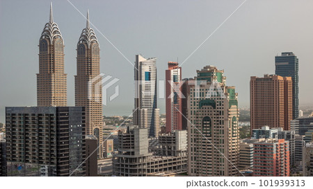 Skyscrapers in Barsha Heights district and internet city towers aerial timelapse. 101939313