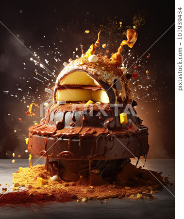AI generated Chocolate cake with nuts and caramel on a black background AI generated Chocolate cake with nuts and caramel on a black background 101939434