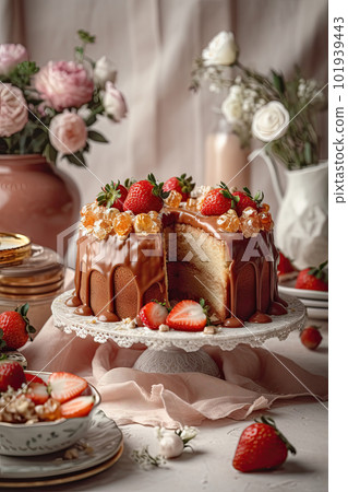 AI generated cake with pink cream and lace on a vintage tray AI generated cake with pink cream and lace on a vintage tray 101939443